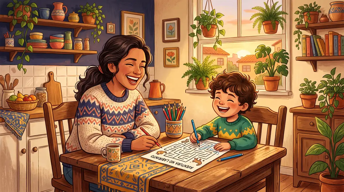 Mãe e filho brincando juntos com uma atividade impressa na mesa da cozinha